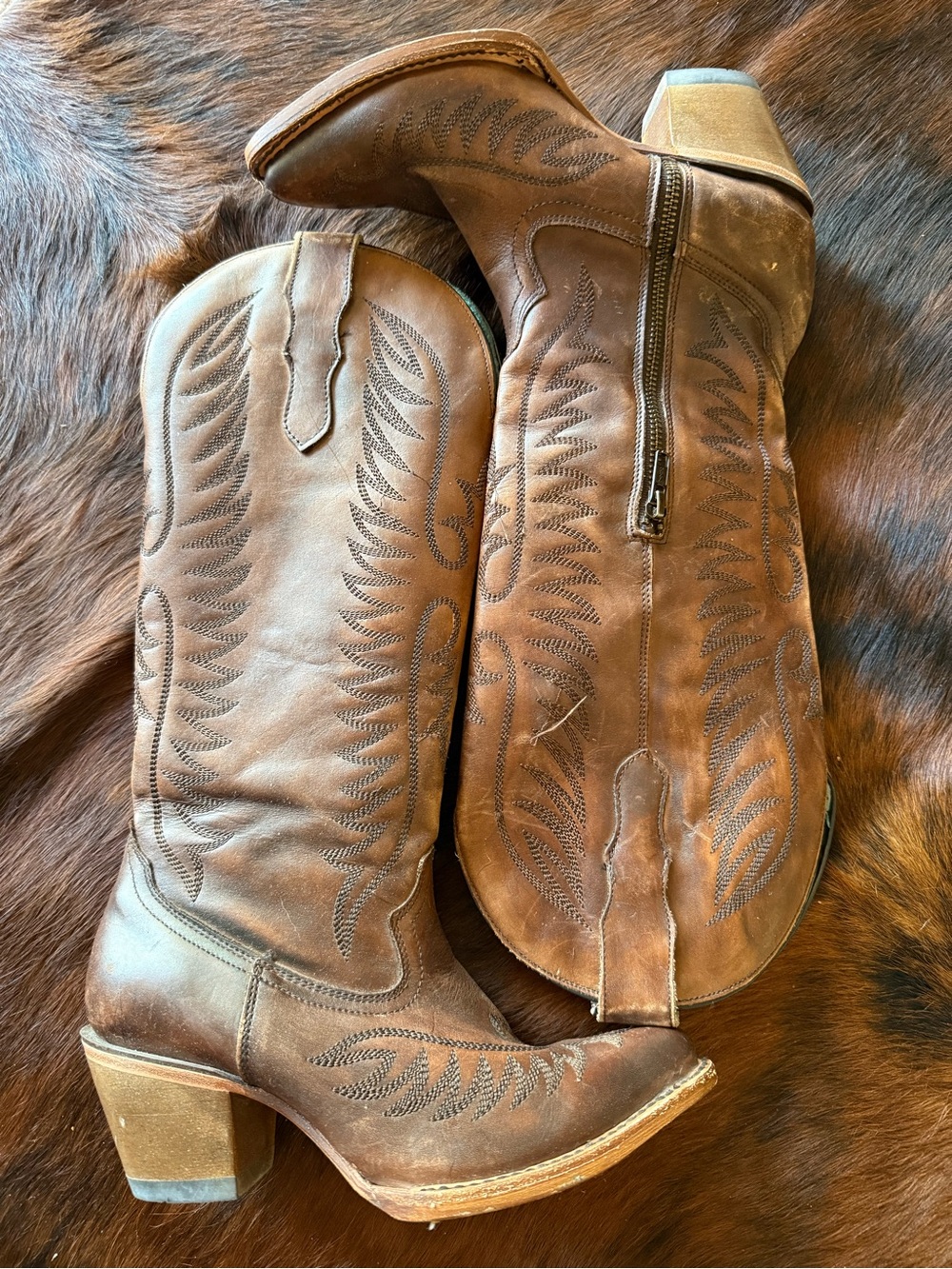 Women's Brown Suede Western Heeled Boots with Embroidery